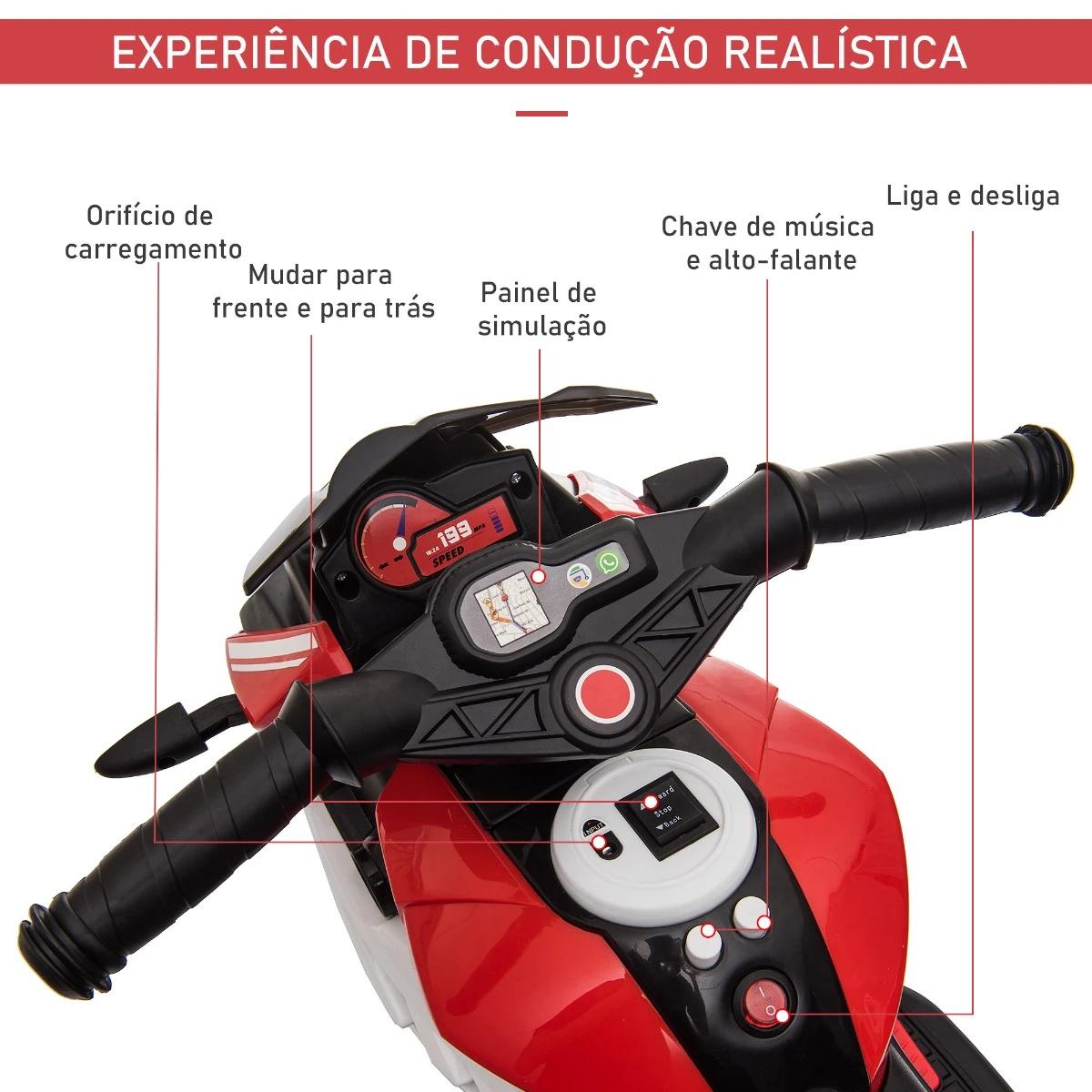 Motocicleta elétrica infantil com 3 rodas triciclo para crianças acima de 3 anos com bateria 6v recarregável funções de música buzina faróis 86x42x52cm preto e vermelho