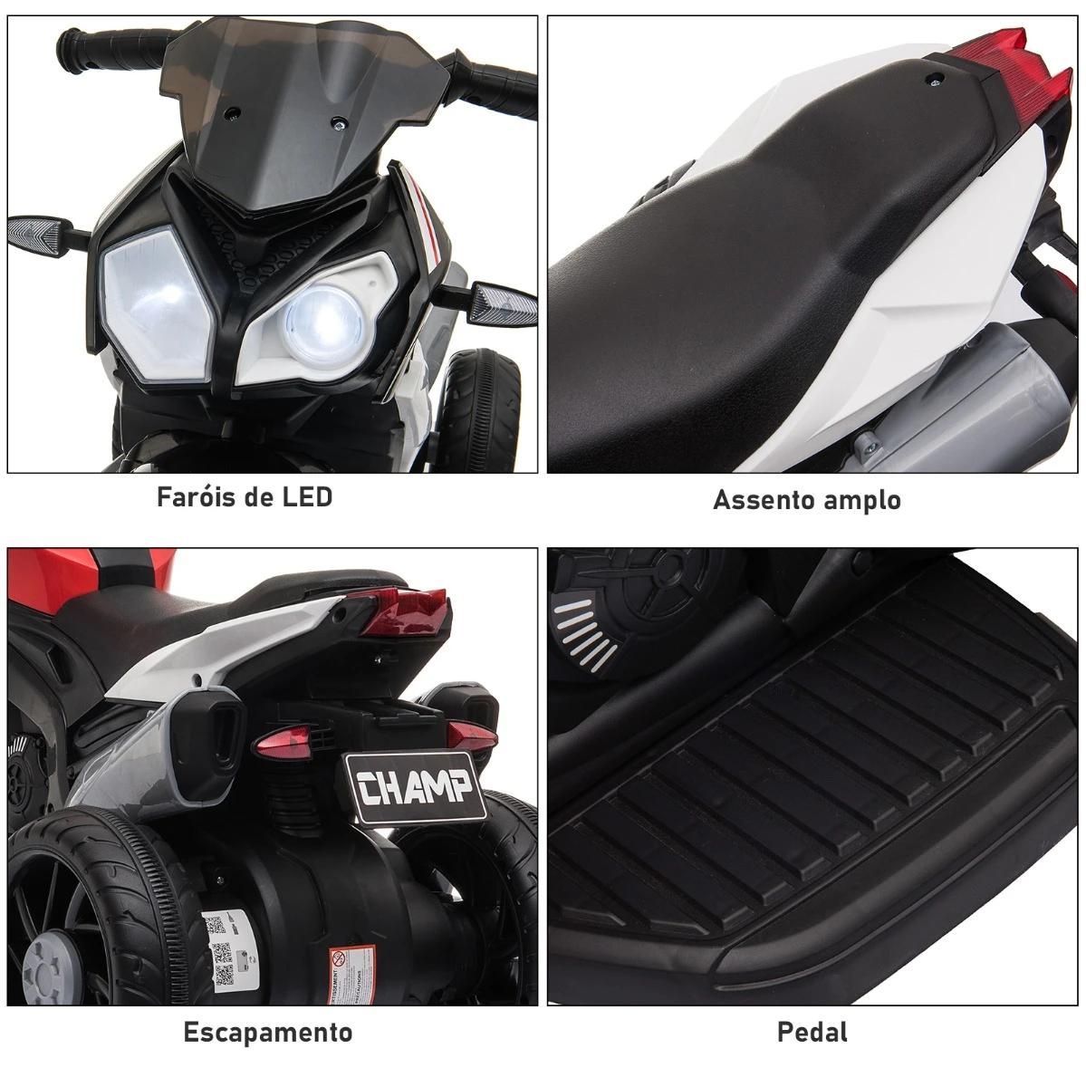 Motocicleta elétrica infantil com 3 rodas triciclo para crianças acima de 3 anos com bateria 6v recarregável funções de música buzina faróis 86x42x52cm preto e vermelho