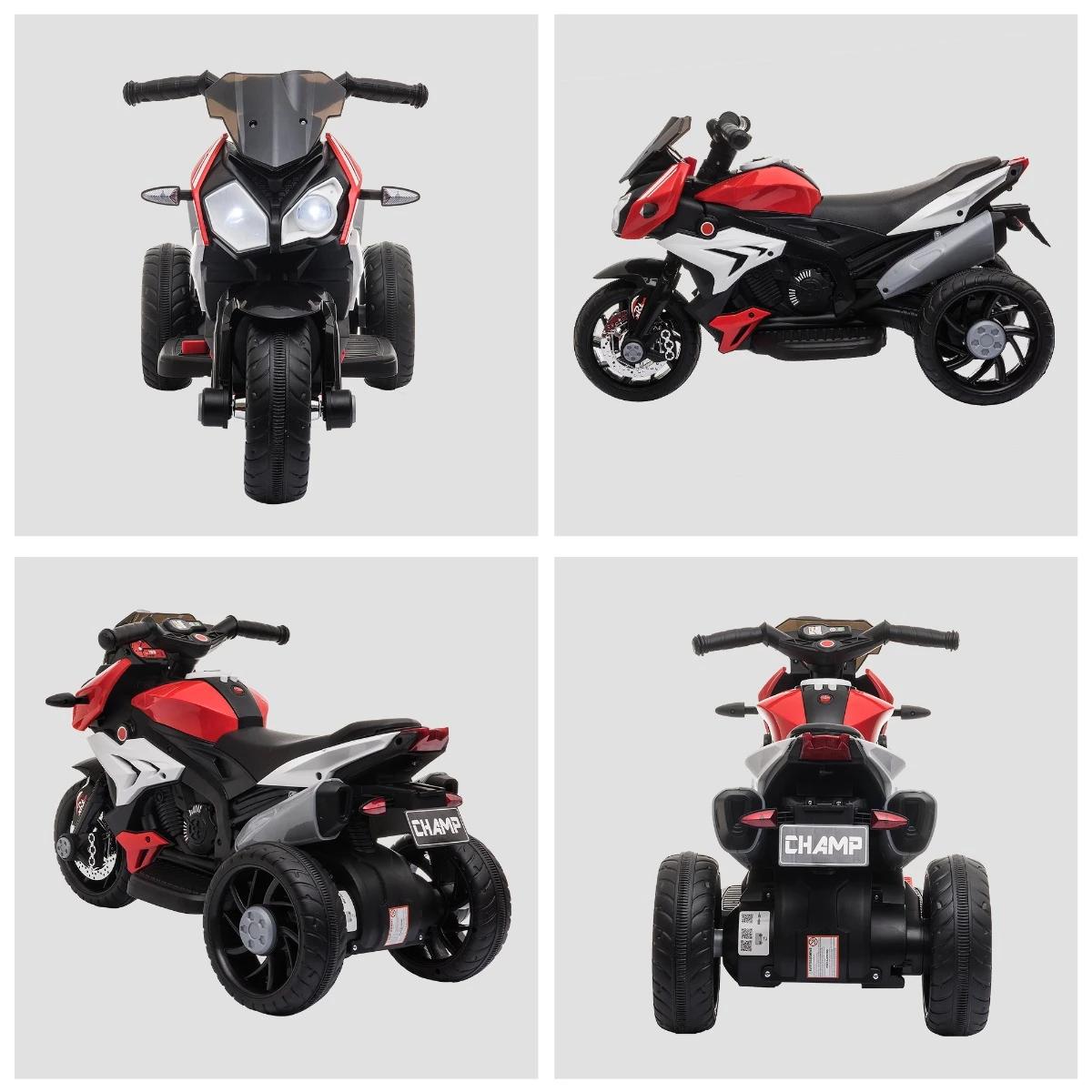 Motocicleta elétrica infantil com 3 rodas triciclo para crianças acima de 3 anos com bateria 6v recarregável funções de música buzina faróis 86x42x52cm preto e vermelho