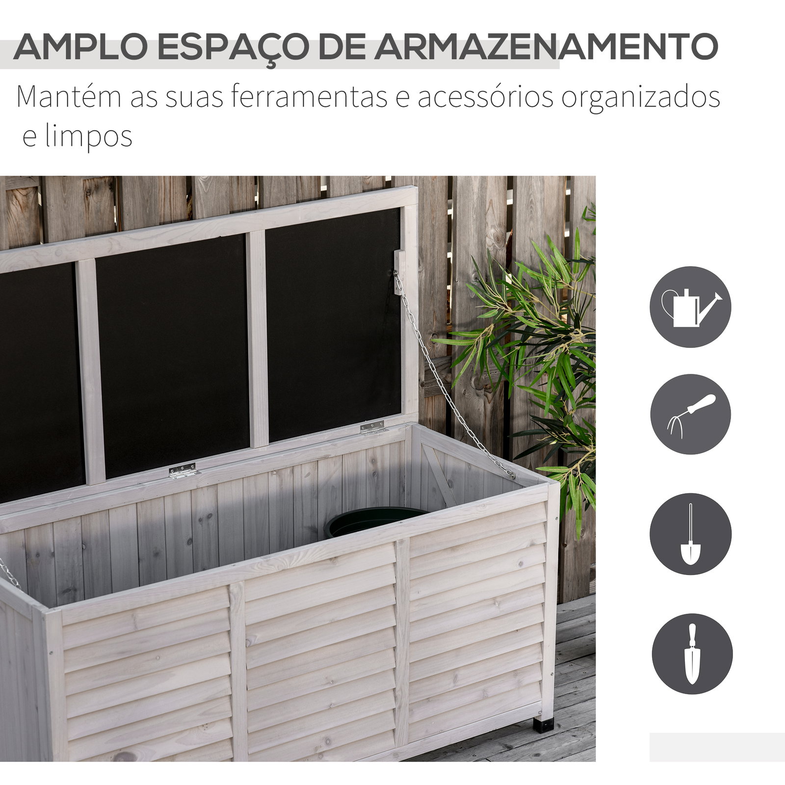 Baú de armazenamento baú de madeira de jardim com tampa abatível e desenho de persiana 127x56x60 cm cinzento