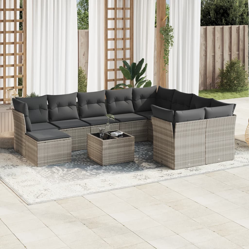 11 Pcs conjunto sofás de jardim c/ almofadões vime PE cinzento