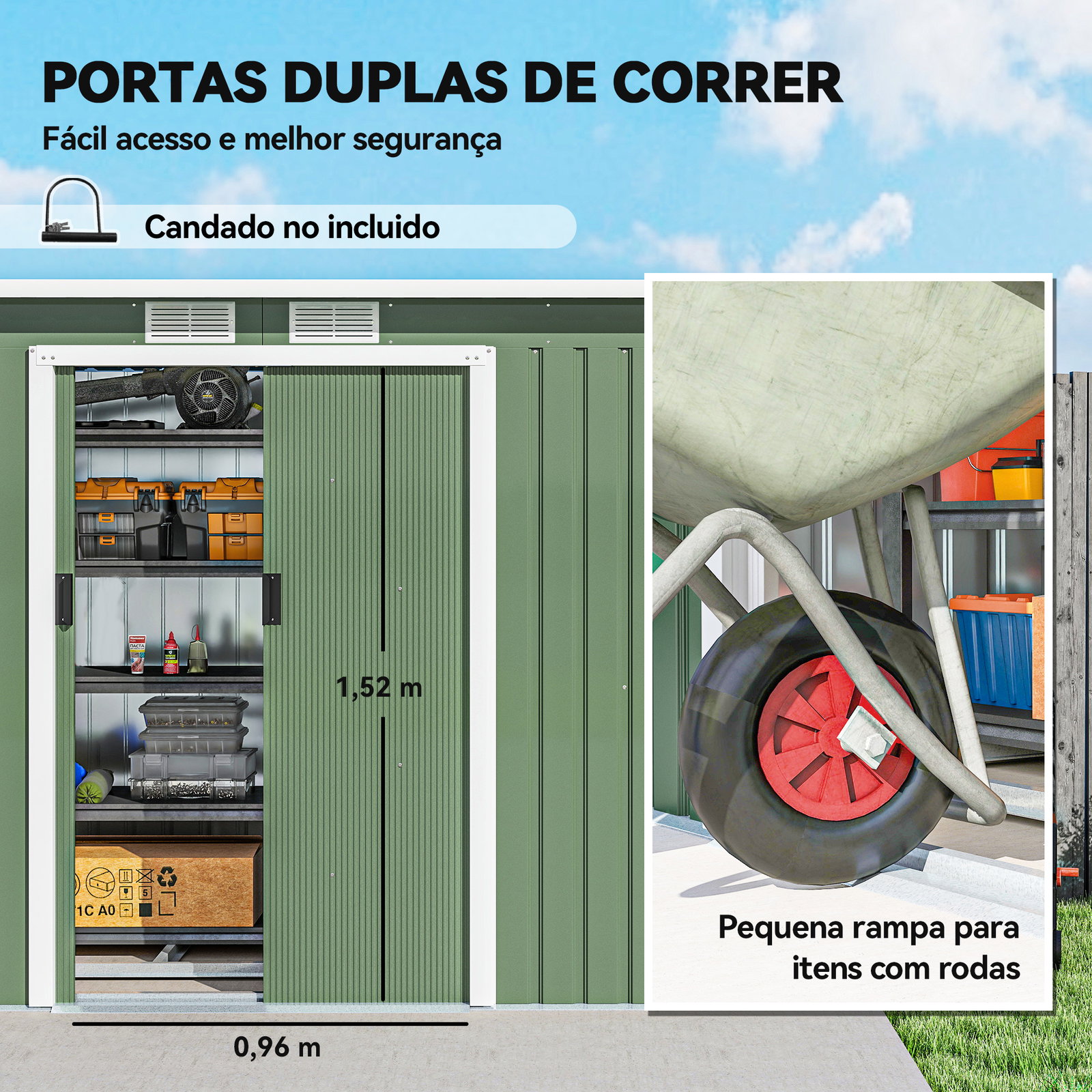 Abrigo de Jardim 280x130x172cm Abrigo de Exterior de Aço Galvanizado com Porta Corredeira e Ventilações Verde Claro