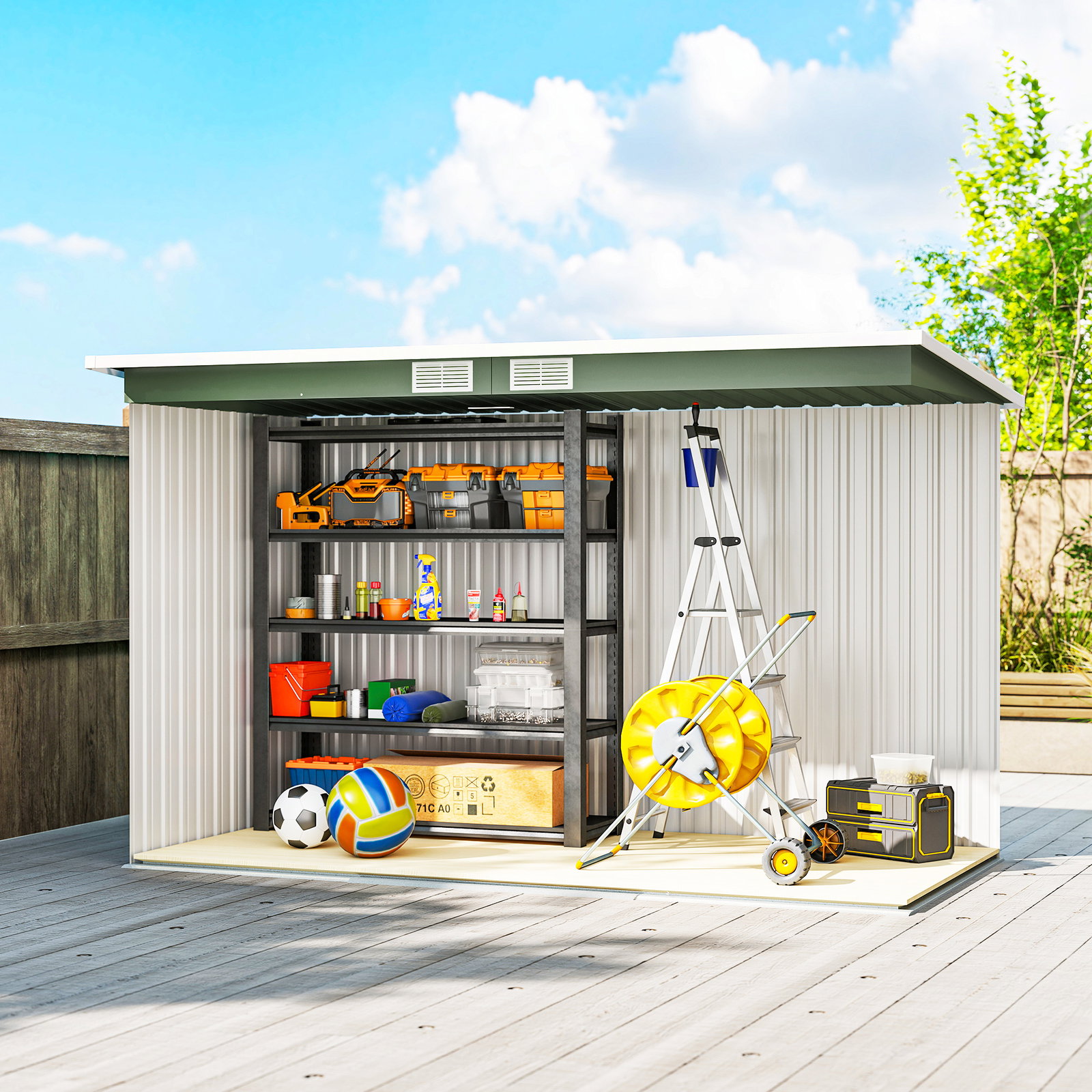 Abrigo de Jardim 280x130x172cm Abrigo de Exterior de Aço Galvanizado com Porta Corredeira e Ventilações Verde Claro