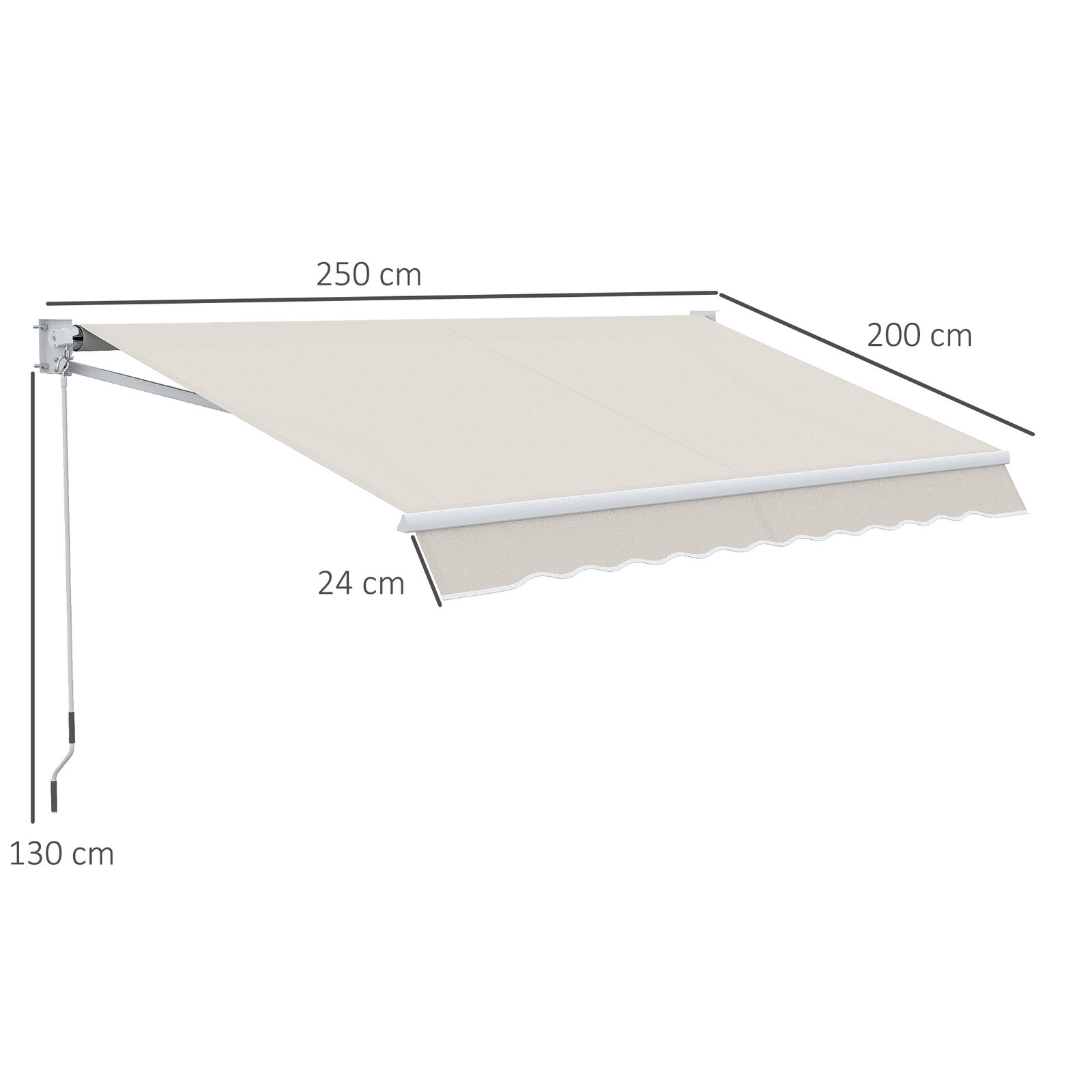 Toldo manual retrátil com manivela 200x250 cm toldo de parede com proteção solar uv50+ e estrutura de alumínio creme
