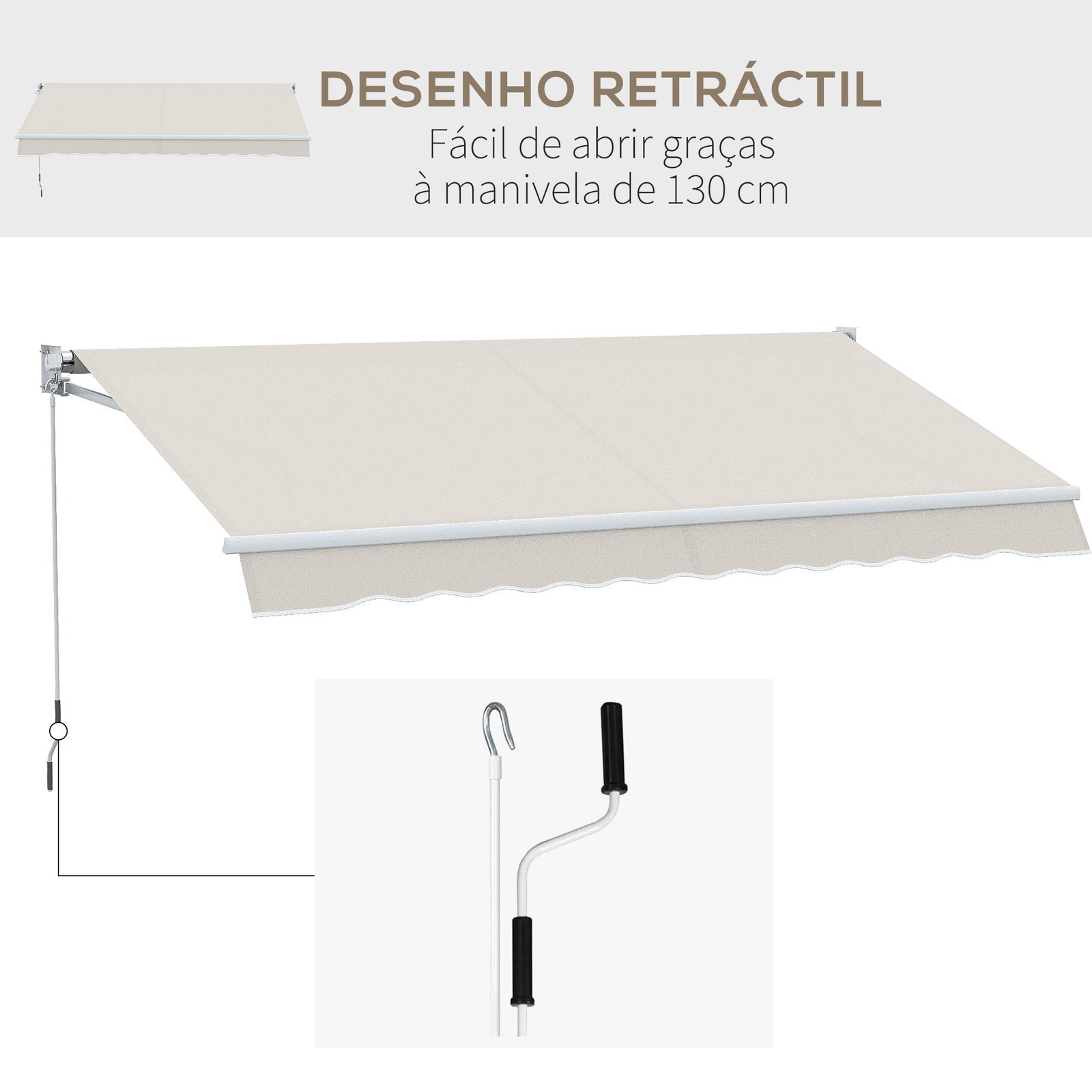 Toldo manual retrátil com manivela 200x250 cm toldo de parede com proteção solar uv50+ e estrutura de alumínio creme