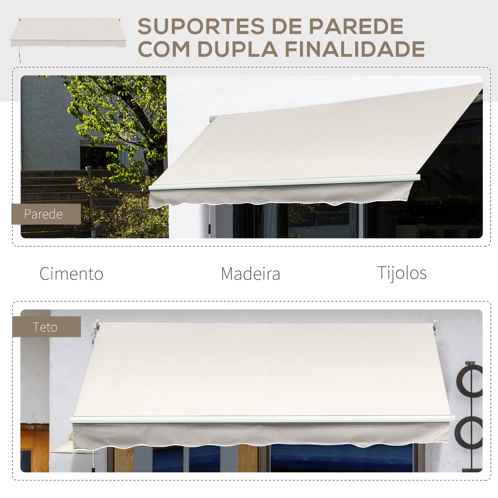 Toldo manual retrátil com manivela 200x250 cm toldo de parede com proteção solar uv50+ e estrutura de alumínio creme