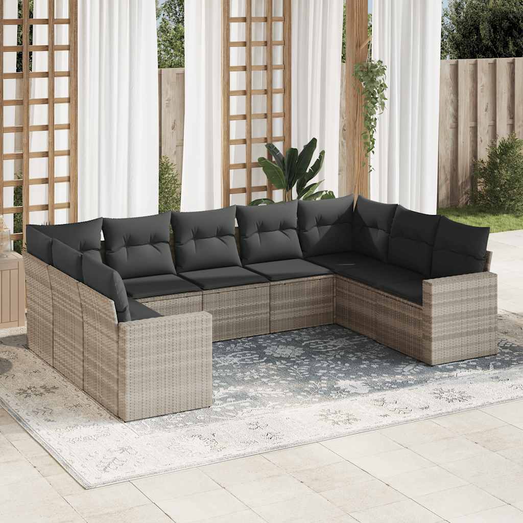 9 Pcs conj. sofás jardim com almofadões vime PE cinzento-claro