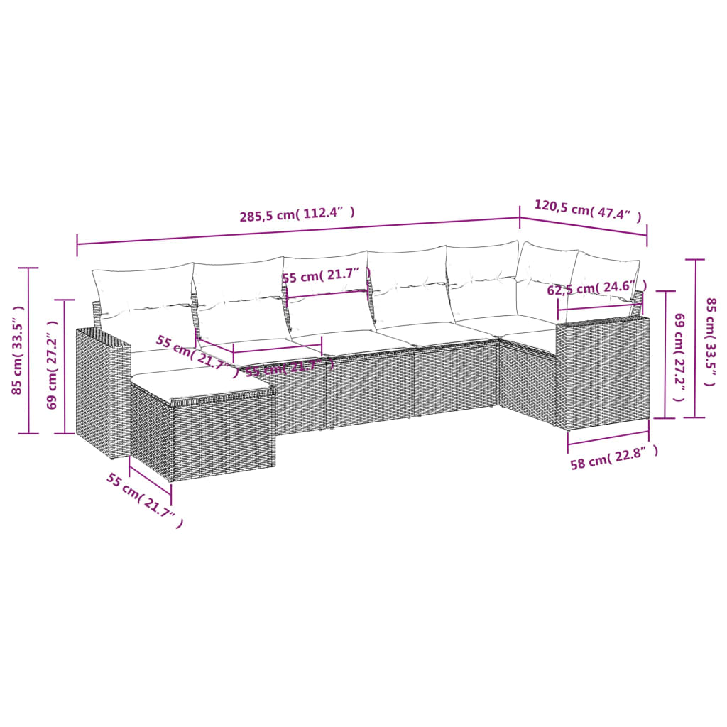 7 Pcs conjunto de sofás p/ jardim com almofadões vime PE bege