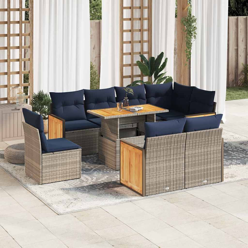 9 Pcs conjunto sofás jardim almofadões vime PE/acácia cinzento