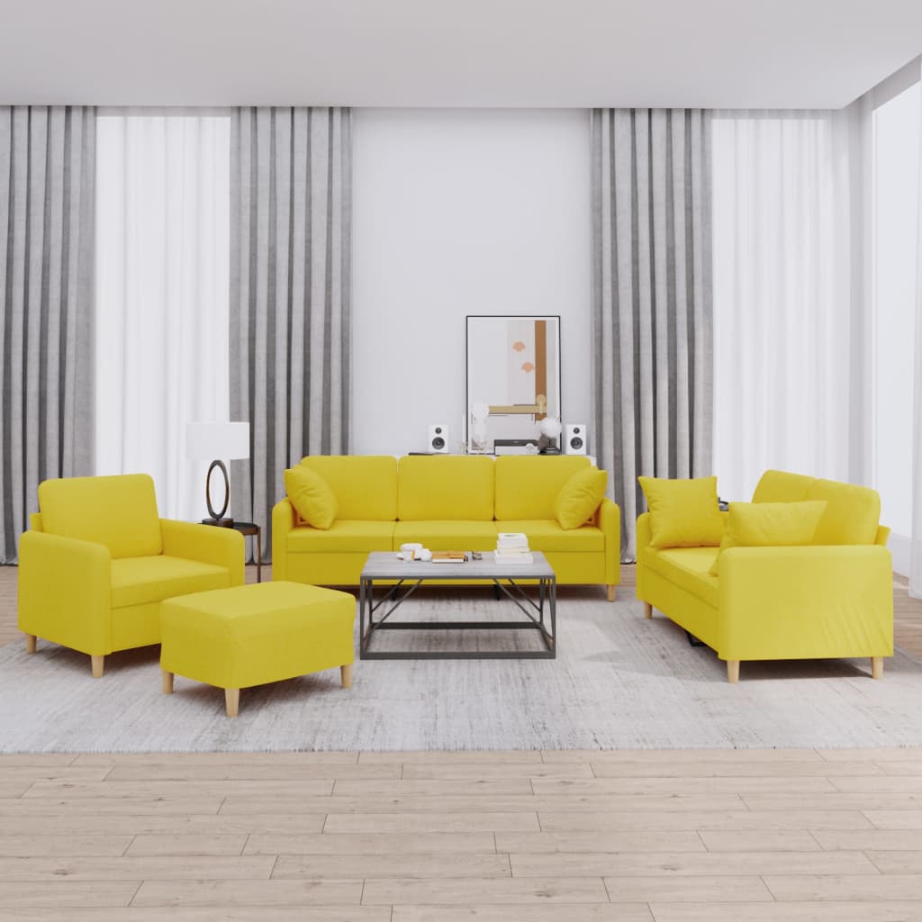 4 Pcs conjunto de sofás com almofadas tecido amarelo-claro