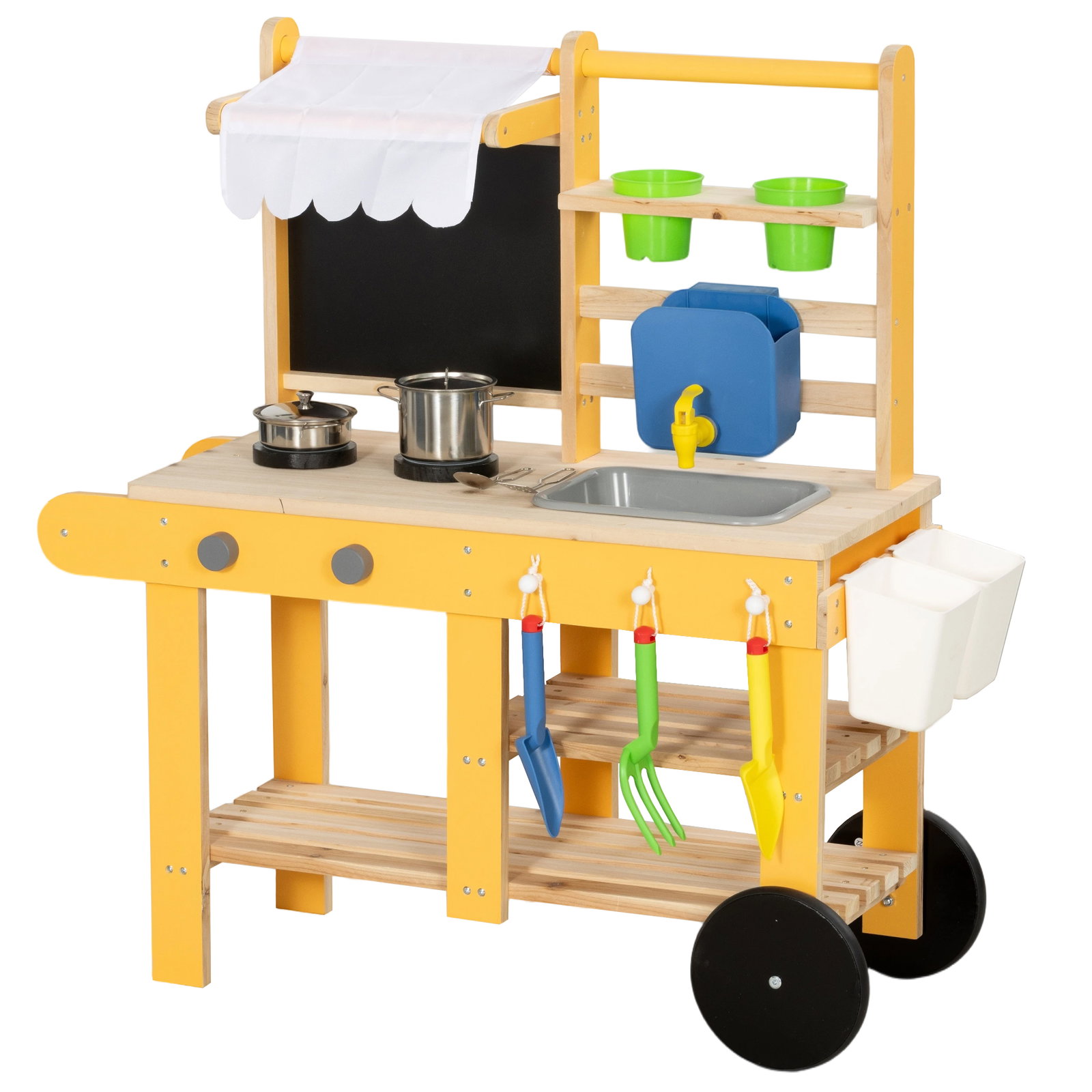 Cozinha infantil exterior de madeira com rodas água real vasos quadro e 15 acessórios 84,2x34,4x90 cm amarelo