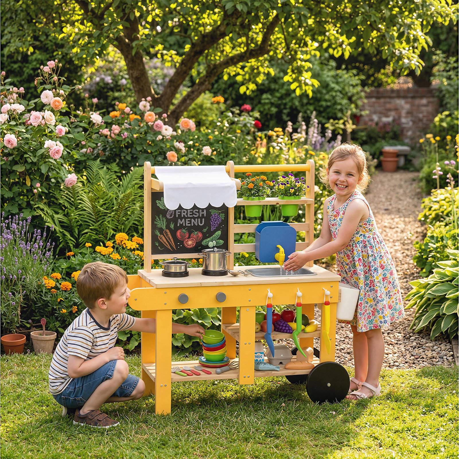 Cozinha infantil exterior de madeira com rodas água real vasos quadro e 15 acessórios 84,2x34,4x90 cm amarelo