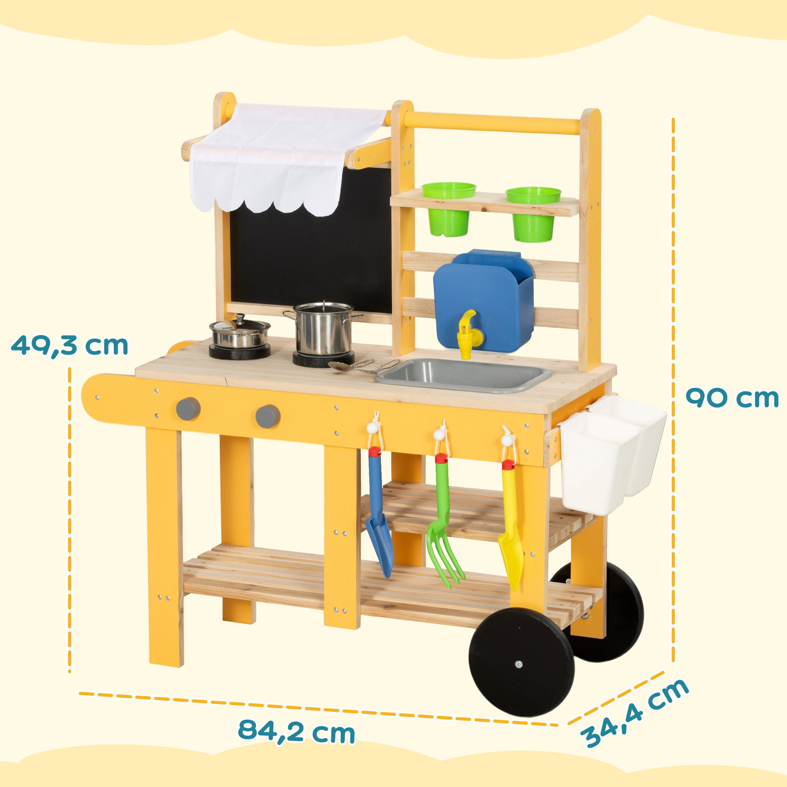 Cozinha infantil exterior de madeira com rodas água real vasos quadro e 15 acessórios 84,2x34,4x90 cm amarelo