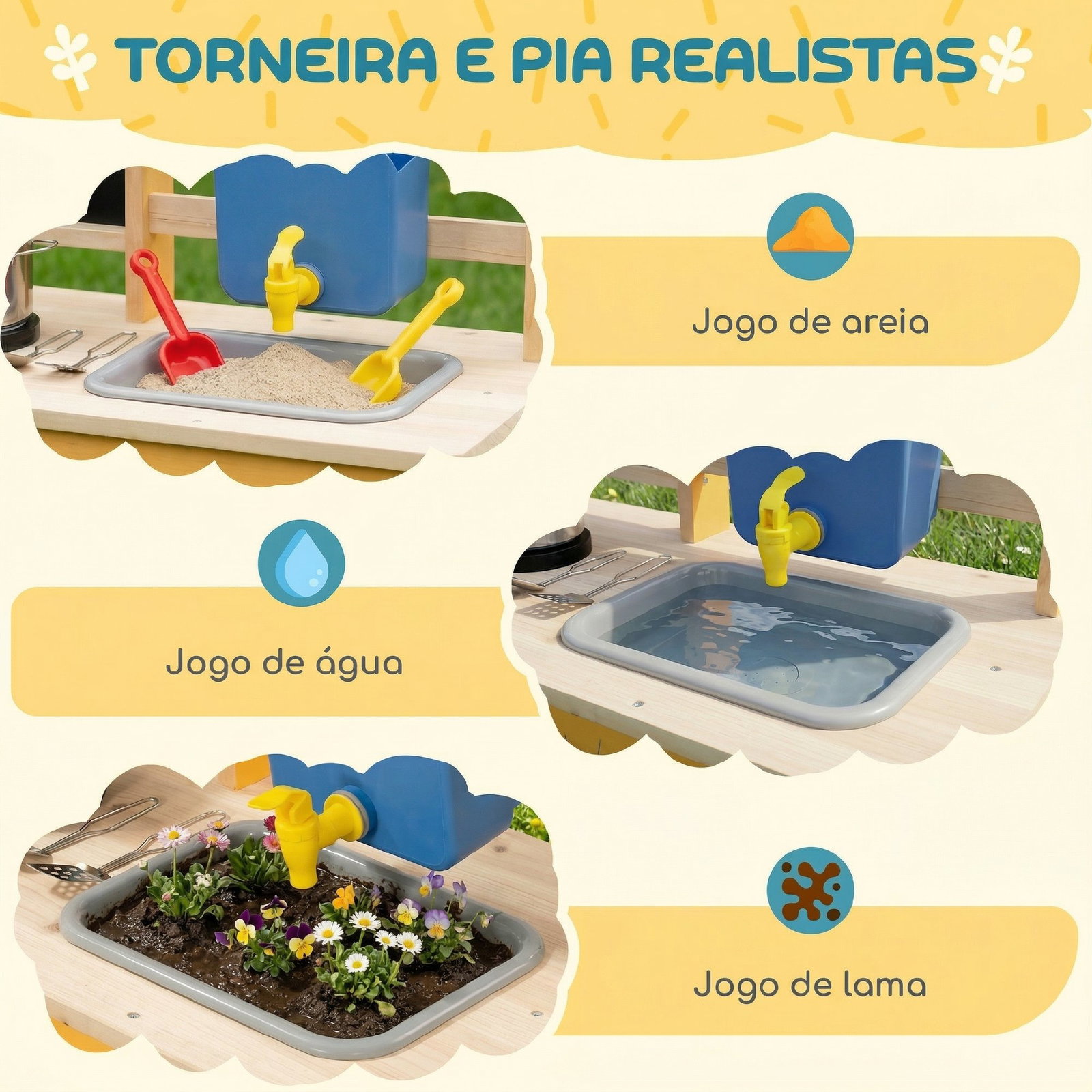 Cozinha infantil exterior de madeira com rodas água real vasos quadro e 15 acessórios 84,2x34,4x90 cm amarelo