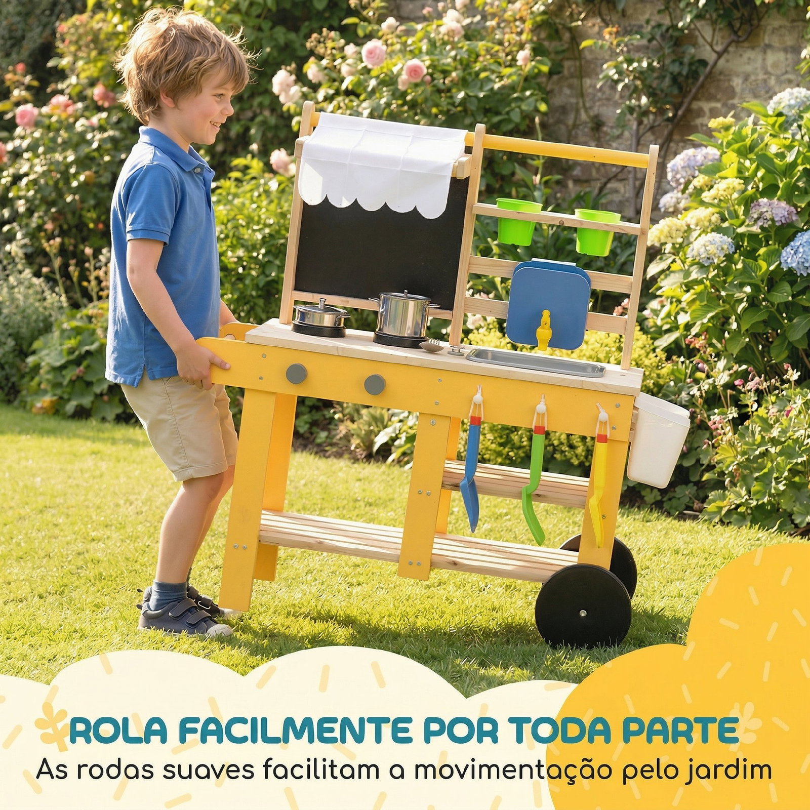 Cozinha infantil exterior de madeira com rodas água real vasos quadro e 15 acessórios 84,2x34,4x90 cm amarelo
