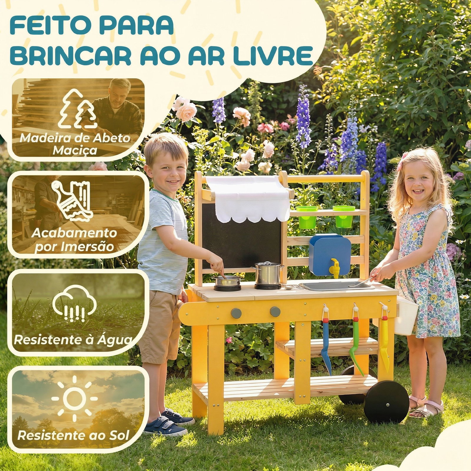 Cozinha infantil exterior de madeira com rodas água real vasos quadro e 15 acessórios 84,2x34,4x90 cm amarelo