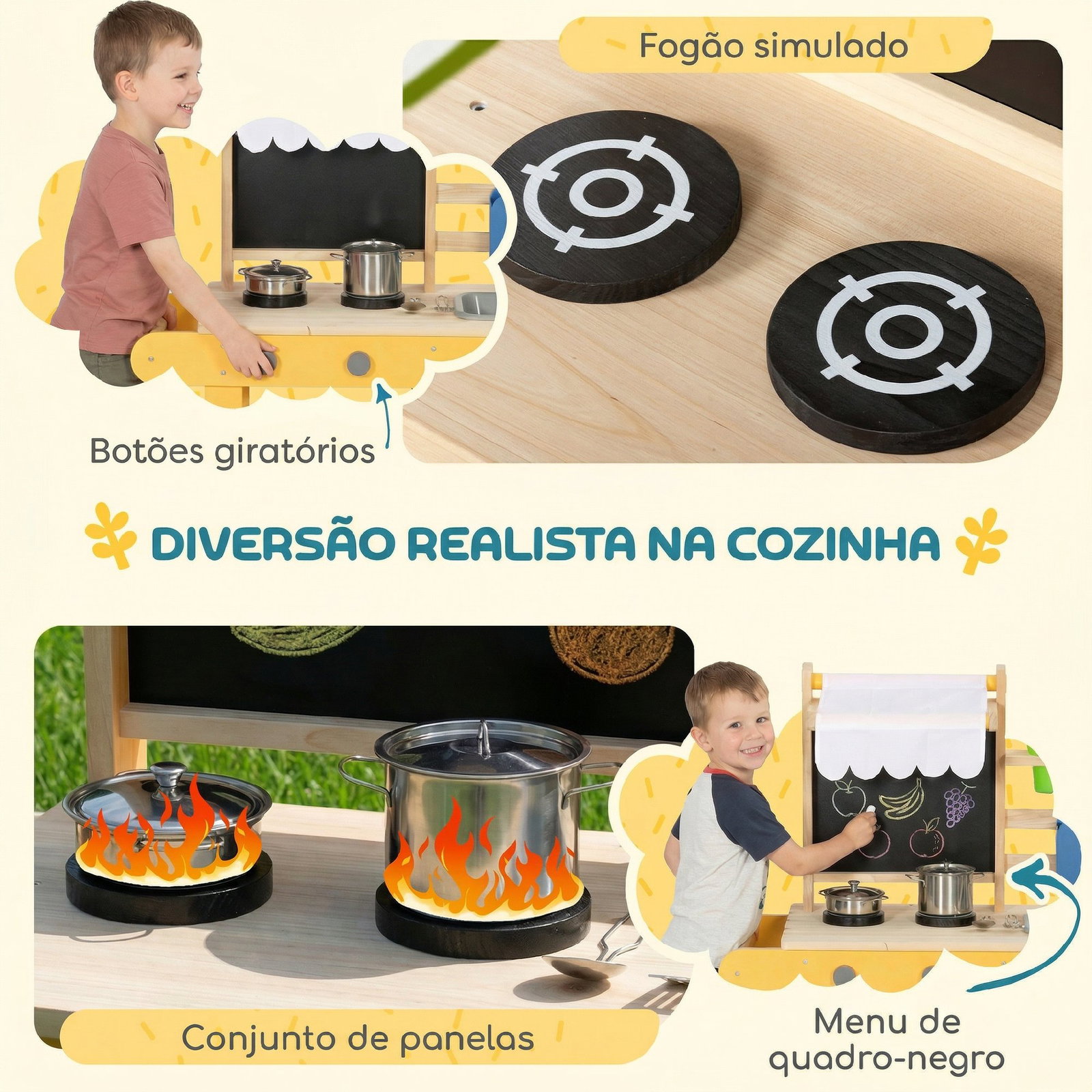 Cozinha infantil exterior de madeira com rodas água real vasos quadro e 15 acessórios 84,2x34,4x90 cm amarelo