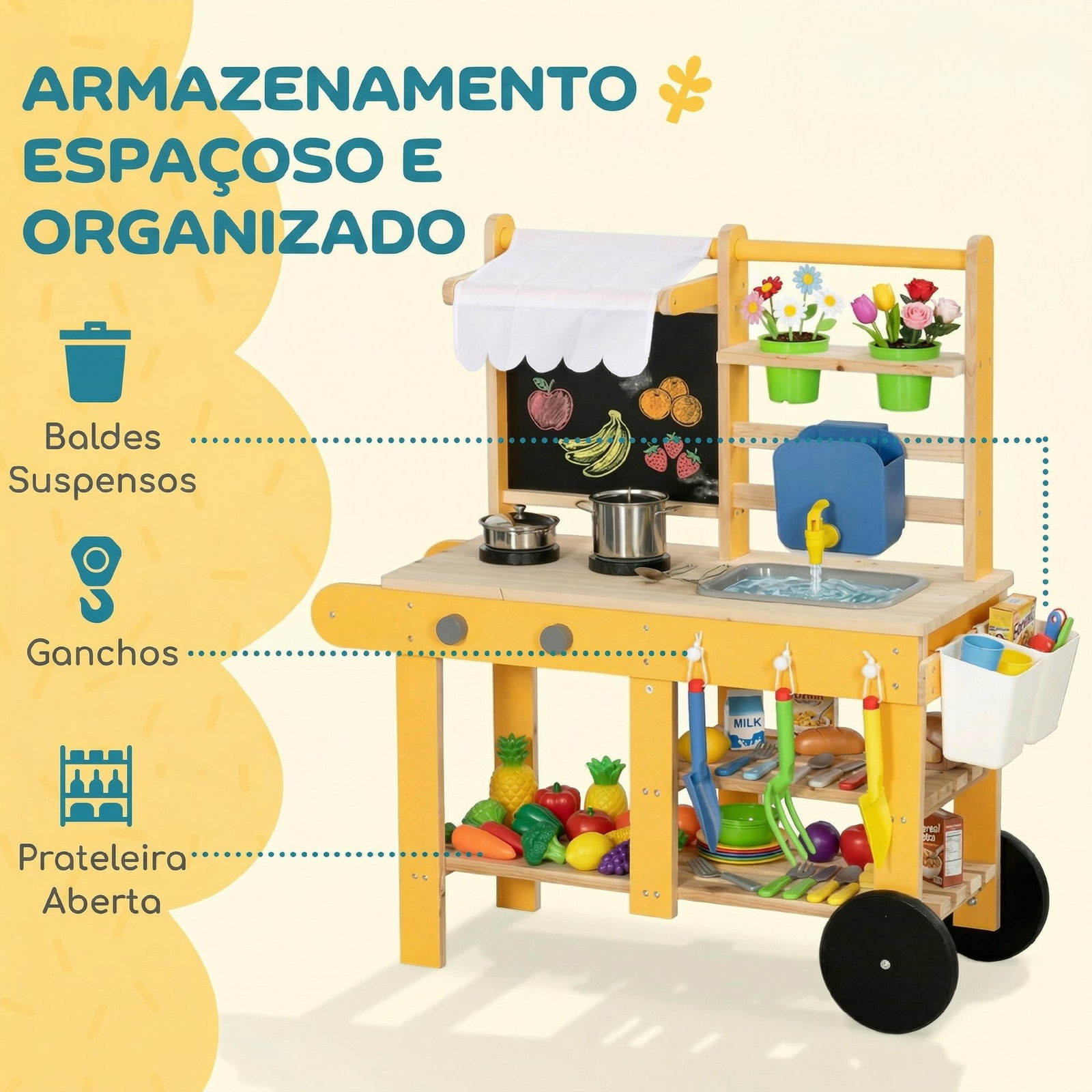 Cozinha infantil exterior de madeira com rodas água real vasos quadro e 15 acessórios 84,2x34,4x90 cm amarelo
