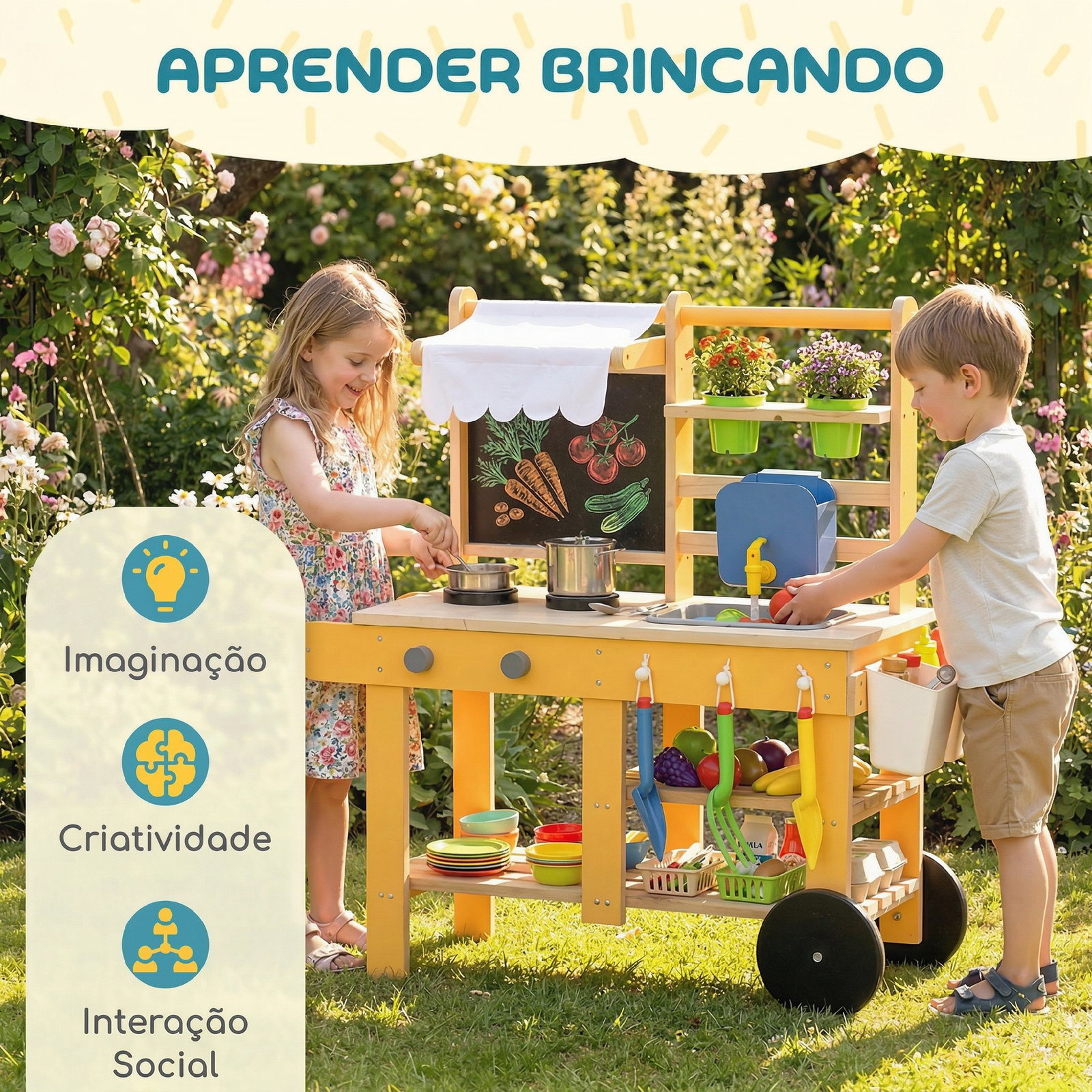 Cozinha infantil exterior de madeira com rodas água real vasos quadro e 15 acessórios 84,2x34,4x90 cm amarelo