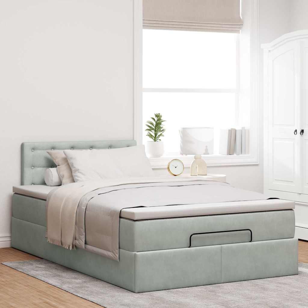 Estrutura de cama otomana com colchão cinza claro veludo