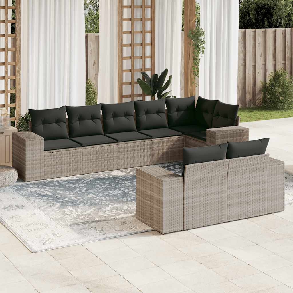 8 Pcs conj. sofás jardim c/ almofadões vime PE cinzento-claro