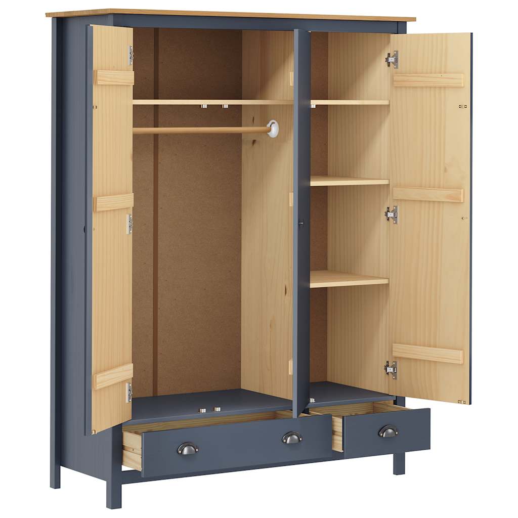 Roupeiro 3 portas hill 127x50x170cm pinho maciço cinzento