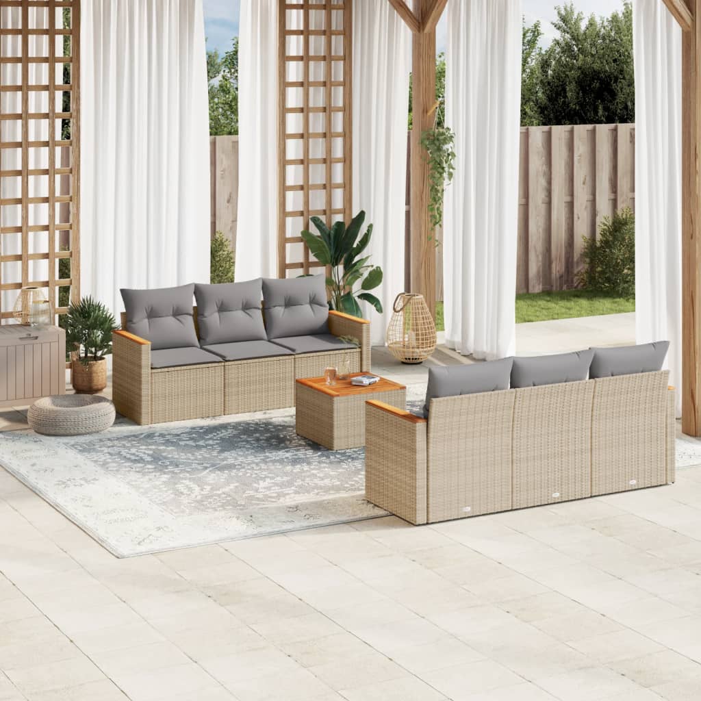 7 Pcs conj. sofás jardim c/ almofadões vime PE bege misturado