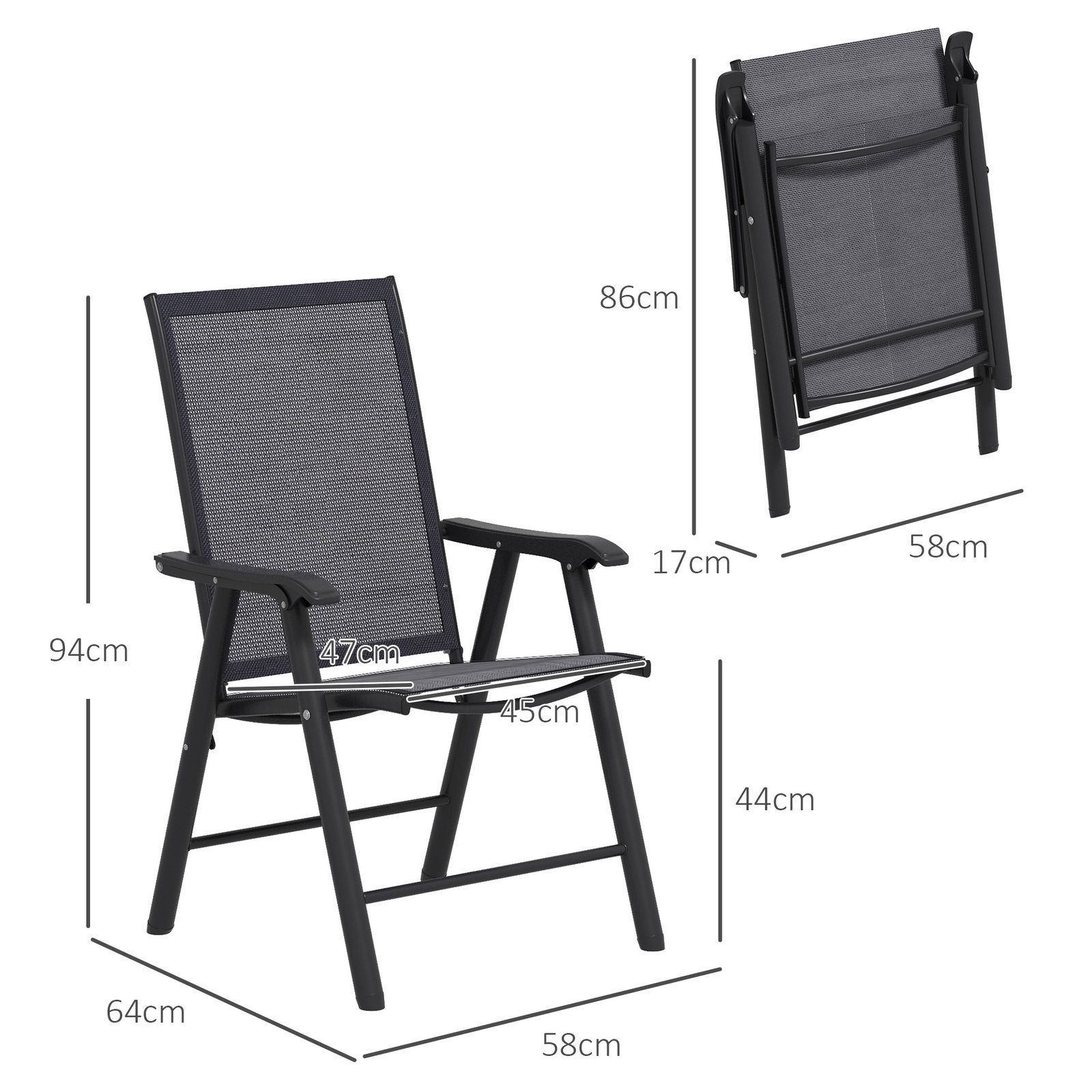 Conjunto de 2 cadeiras dobráveis para exterior cadeiras para jardim com textilene e metal 58x64x94 cm cinza escuro