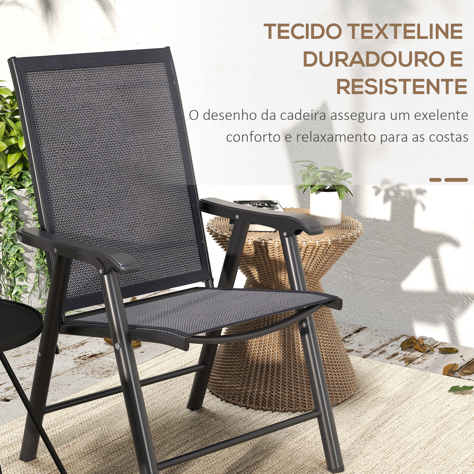 Conjunto de 2 cadeiras dobráveis para exterior cadeiras para jardim com textilene e metal 58x64x94 cm cinza escuro