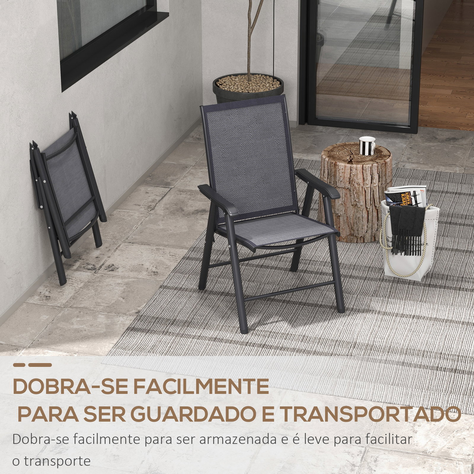 Conjunto de 2 cadeiras dobráveis para exterior cadeiras para jardim com textilene e metal 58x64x94 cm cinza escuro