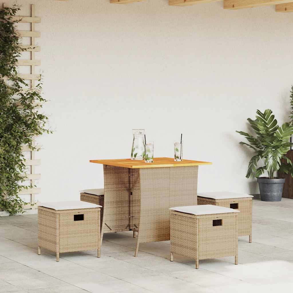 5 Pcs conjunto de jantar p/ jardim com almofadões vime PE bege