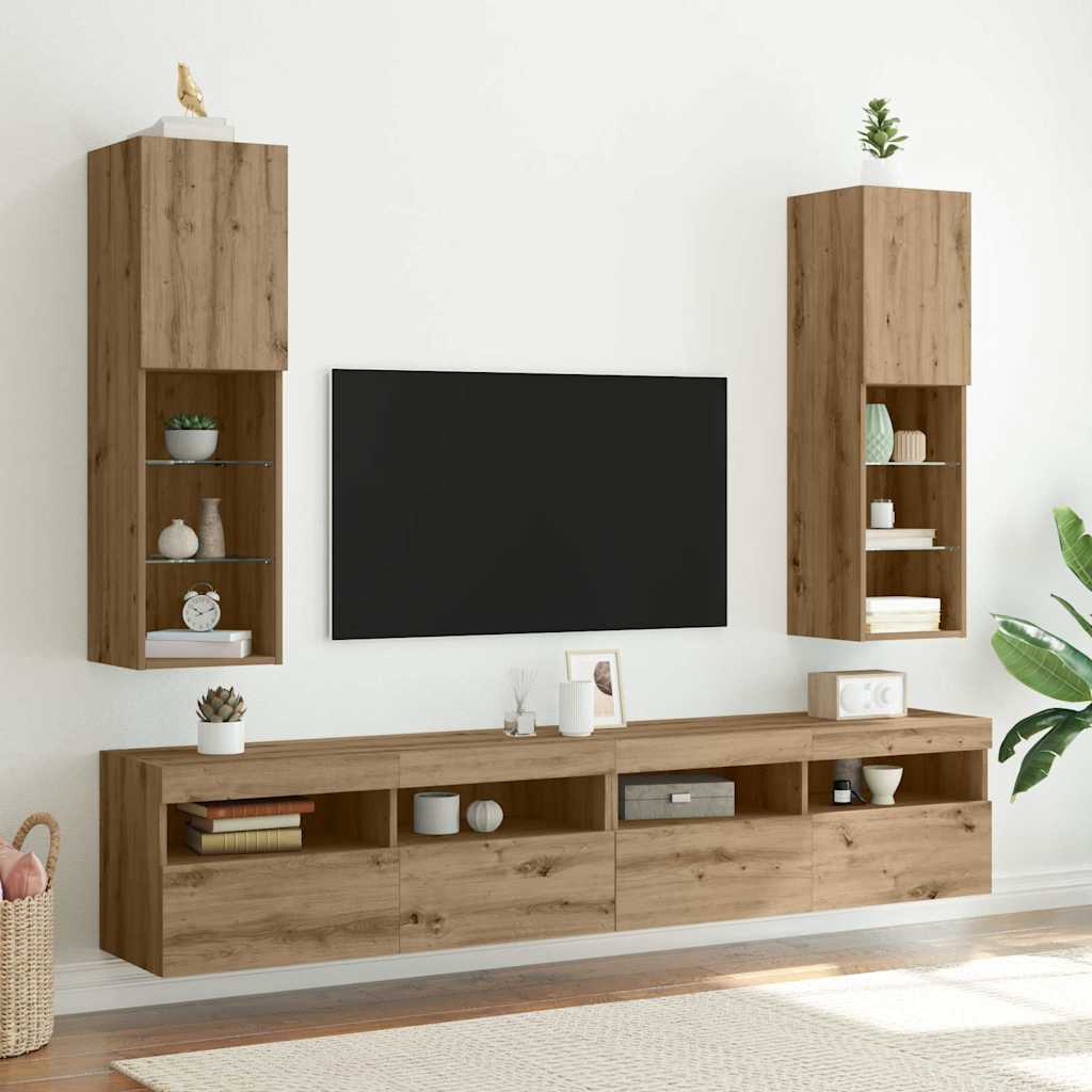 Móveis de TV c/ luzes LED 2pcs 30,5x30x102cm carvalho artisiano
