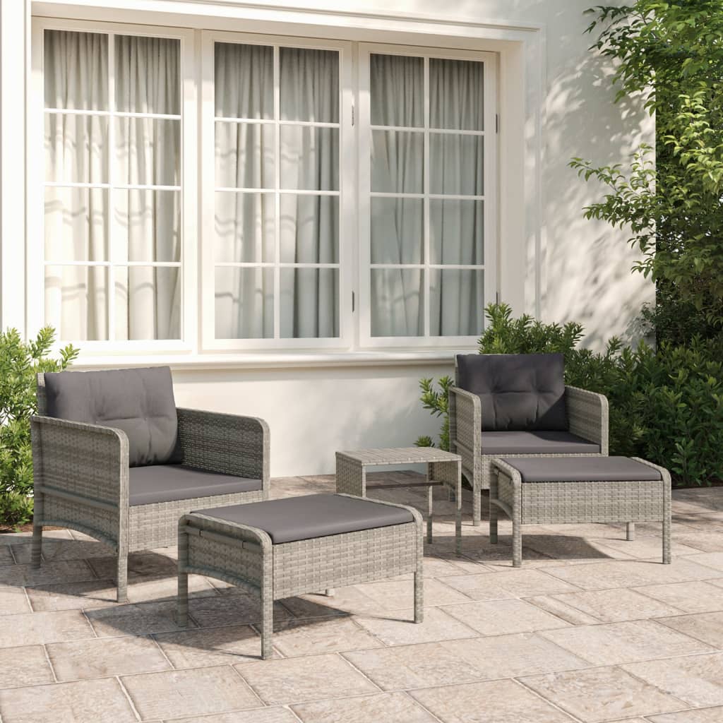 5 Pcs conjunto lounge de jardim c/ almofadões vime PE cinzento