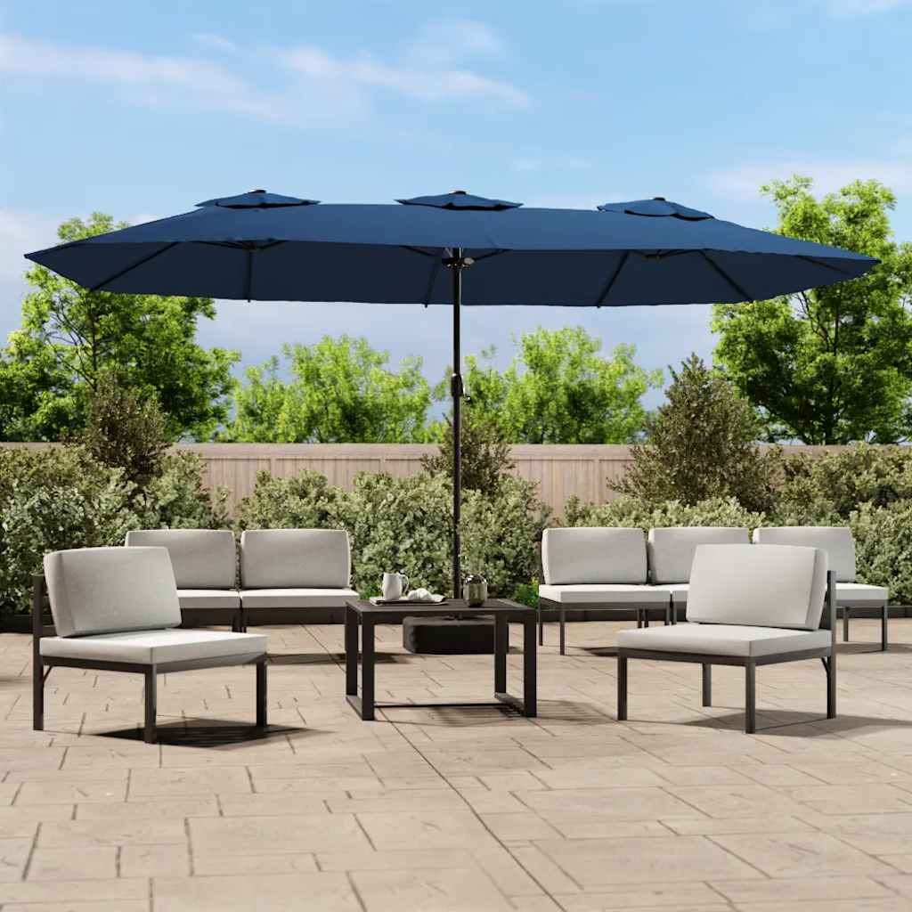 Guarda-sol com cabeça dupla e luzes LED 449x265 cm azul-ciano