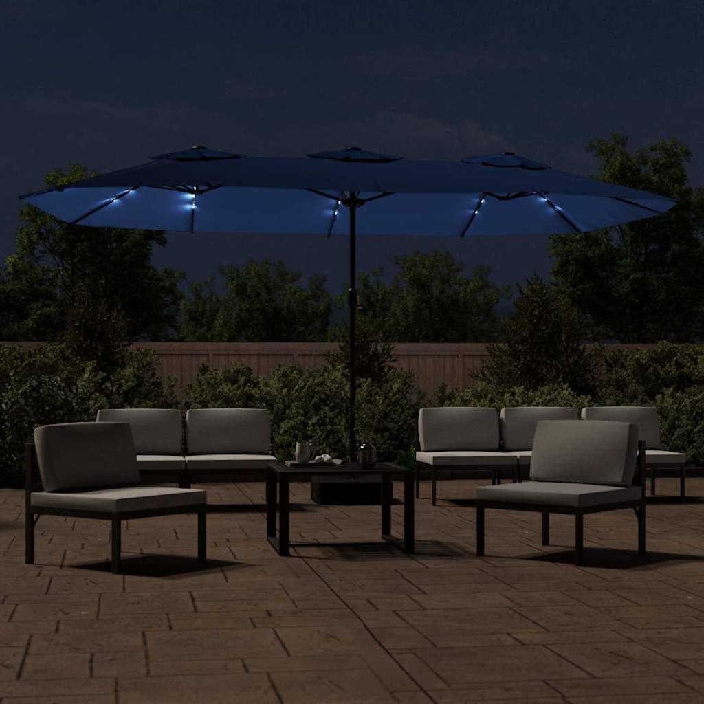 Guarda-sol com cabeça dupla e luzes LED 449x265 cm azul-ciano