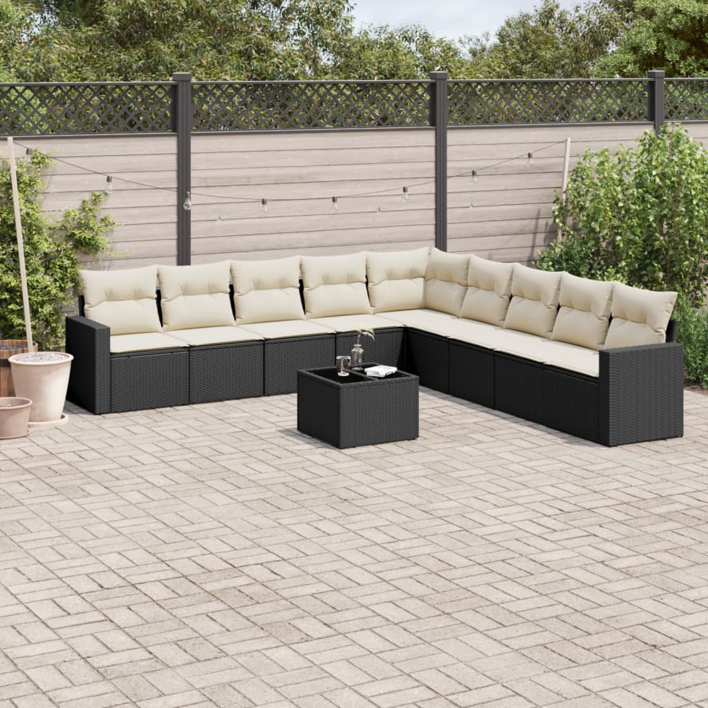 10 Pcs conjunto sofás de jardim c/ almofadões vime PE preto