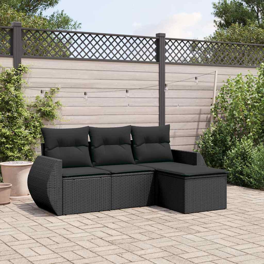 4 Pcs conjunto de sofás para jardim c/ almofadões vime PE preto