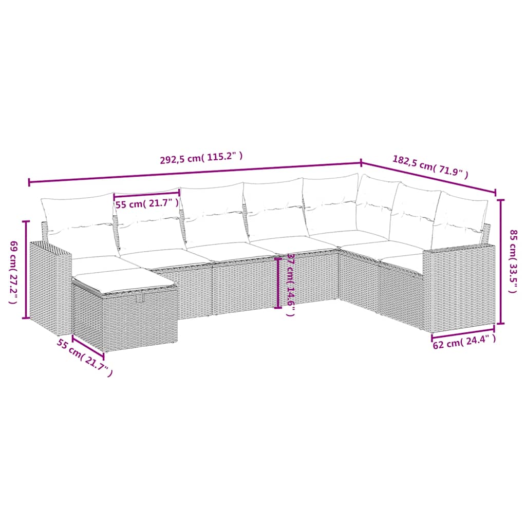 8 Pcs conjunto sofás de jardim com almofadões vime PE preto