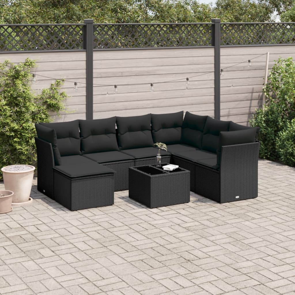 8 Pcs conjunto sofás de jardim com almofadões vime PE preto