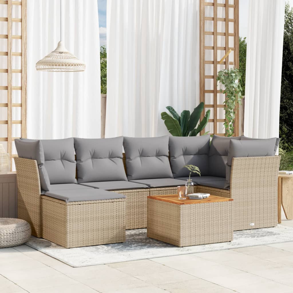 7 Pcs conj. sofás jardim c/ almofadões vime PE bege misturado