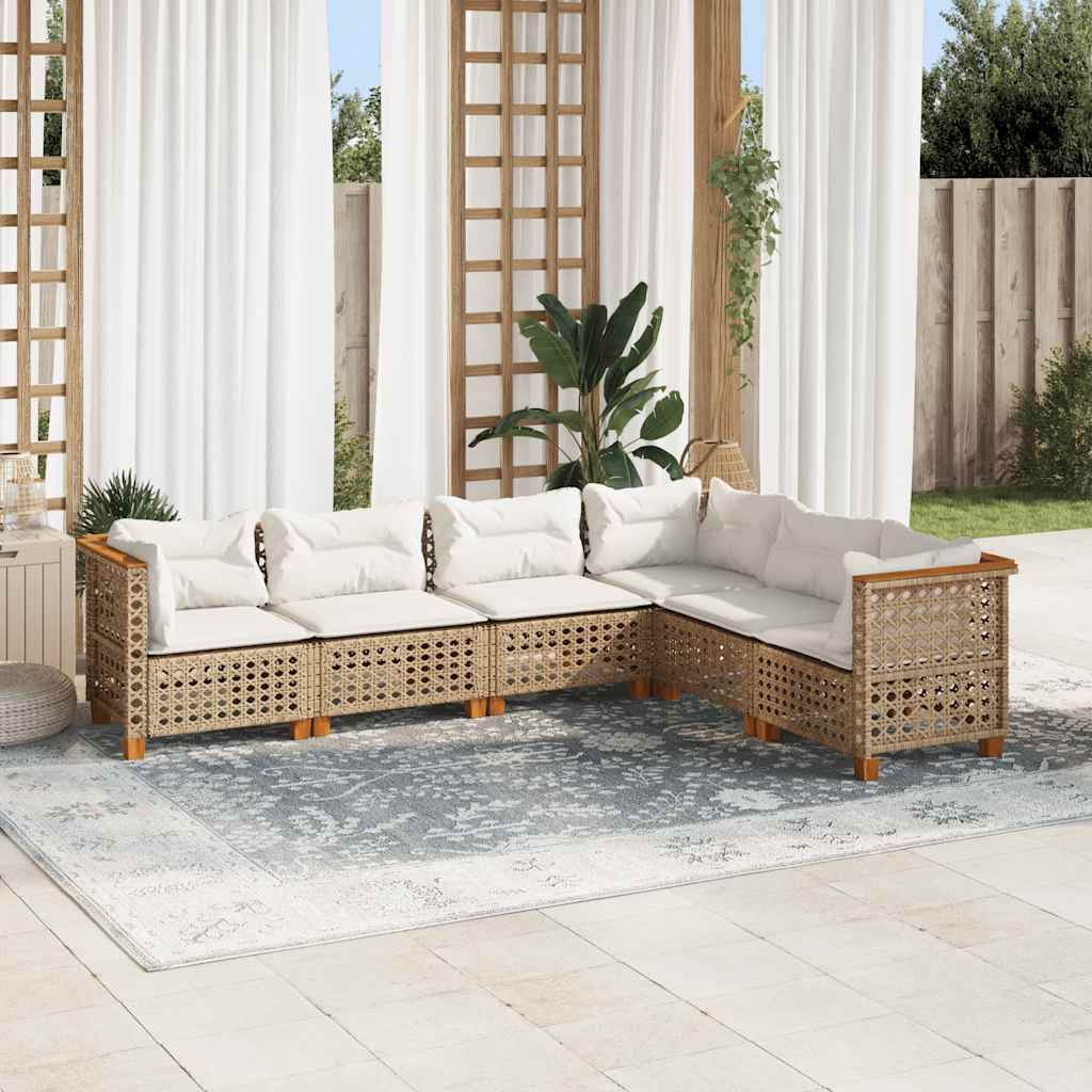 6 Pcs conjunto de sofás p/ jardim com almofadões vime PE bege