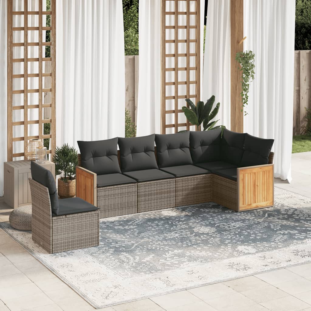 6 Pcs conjunto sofás de jardim com almofadões vime cinzento