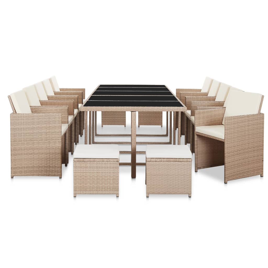 15 Pcs conjunto jantar exterior com almofadões vime PE bege