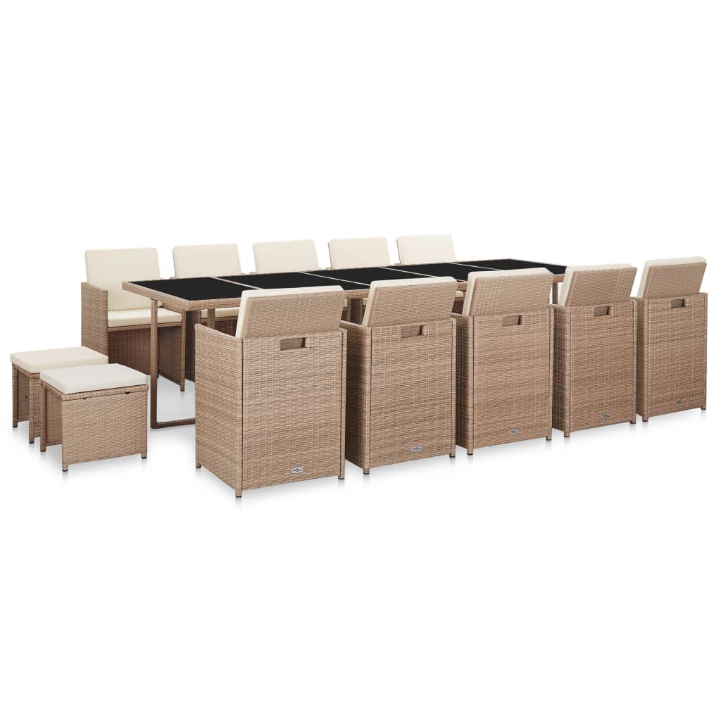 15 Pcs conjunto jantar exterior com almofadões vime PE bege