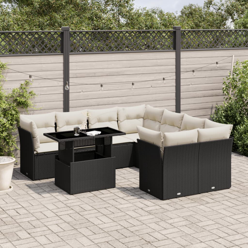 9 Pcs conjunto de sofás p/ jardim c/ almofadões vime PE preto
