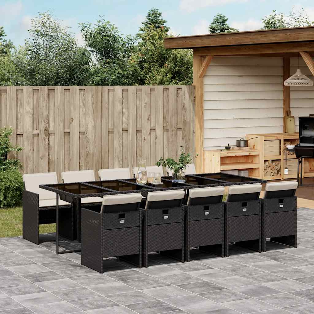 11 Pcs conjunto de jantar p/ jardim c/ almofadões vime PE preto