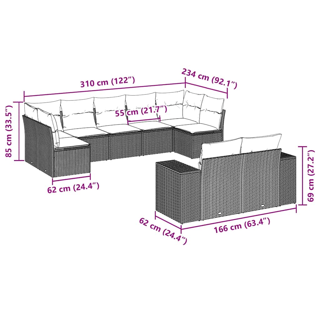 9 Pcs conjunto de sofás p/ jardim c/ almofadões vime PE preto