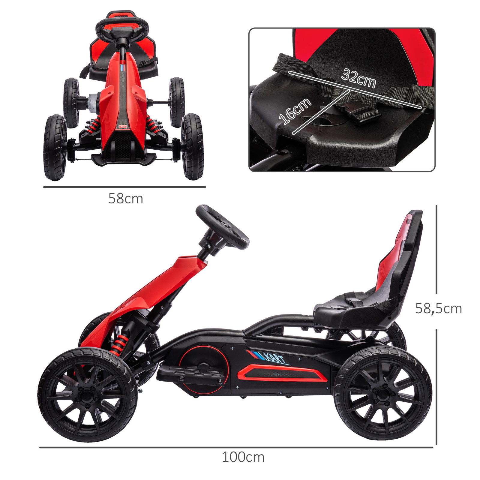 Go kart elétrico para crianças kart a bateria 12v velocidade ajustável 3-5 km/h e cinto de segurança 100x58x58,5 cm vermelho