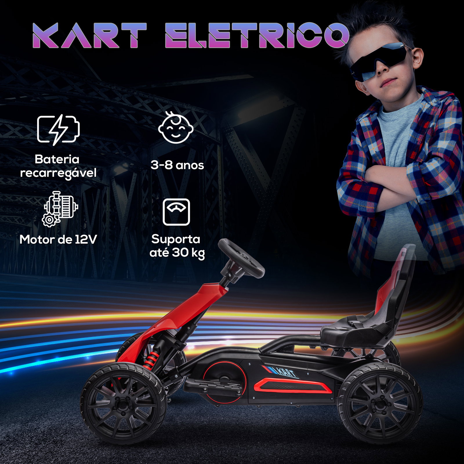 Go kart elétrico para crianças kart a bateria 12v velocidade ajustável 3-5 km/h e cinto de segurança 100x58x58,5 cm vermelho
