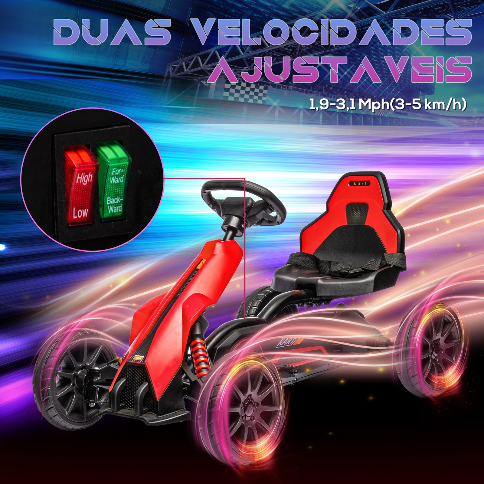 Go kart elétrico para crianças kart a bateria 12v velocidade ajustável 3-5 km/h e cinto de segurança 100x58x58,5 cm vermelho